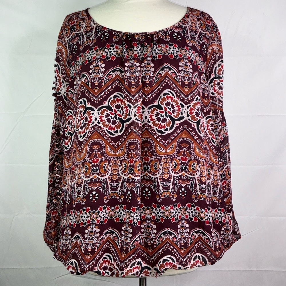 I.N. Studio Plus Size 2X Top Boho Burgundy Brown Floral Patterned Fall Blouse